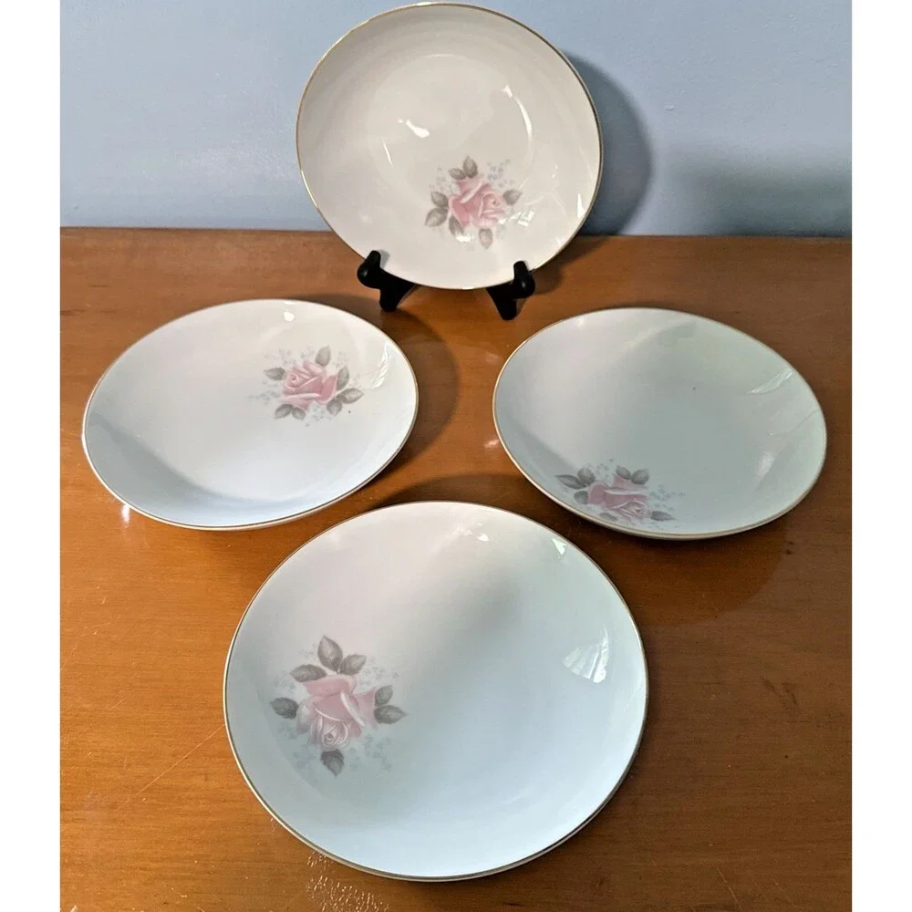 Vintage Noritake #6238 Roseville 7.5” Coupe Soup Salad (4) Bowls Pink Rose 1960s